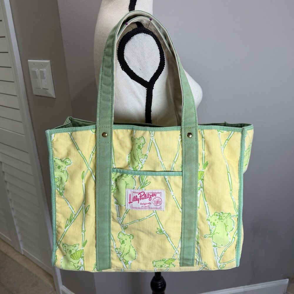 LILLY PULITZER Vintage Original Zippered Koala Print Yellow Green Tote Bag